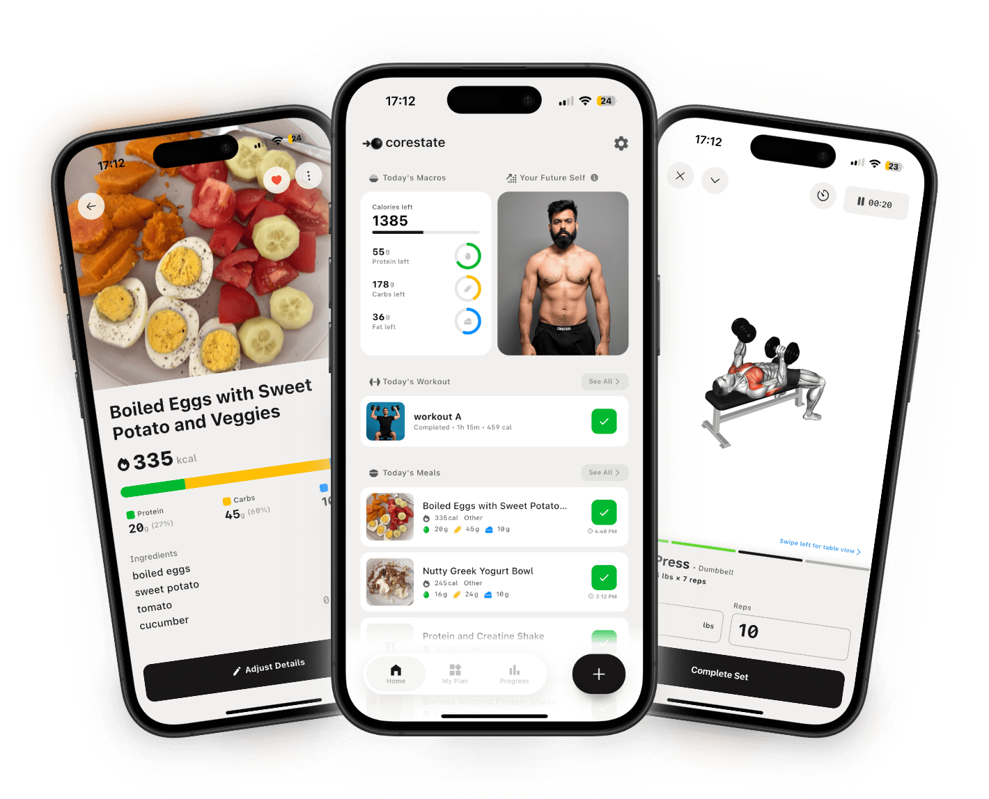 CoreState App Screenshots showing meal tracking, dashboard, and workout features